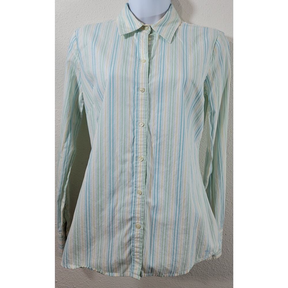 Tommy Hilfiger White Blue Green Striped Button Up Top XS Lightweight Soft